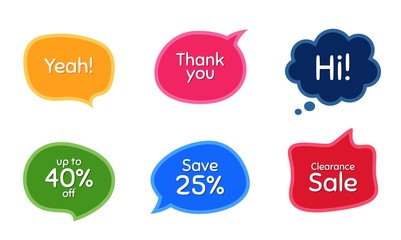Clearance sale, 40% discount and save 25%. Colorful chat bubbles. Thank you phrase. Sale shopping text. Chat messages with phrases. Texting thought bubbles. Vector