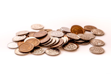 Japanese coins and banknotes and passport on white table