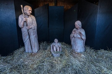 Representation of the traditional Christmas nativity scene with wooden statues