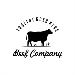 Cattle farm logo. Cattle farm trendy logo, emblem, poster with cow silhouette. Vintage typography. Graphic emblem template for grocery store, food market, restaurant and butchery Vector illustration