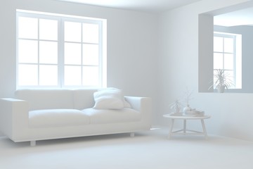 White minimalist living room with sofa. Scandinavian interior design. 3D illustration