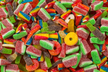 Assorted gummy candies. Top view. Jelly  sweets background.