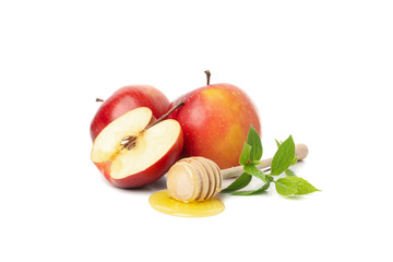 Apples, honey and leaves isolated on white background 