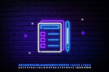 Diary notebook neon light icon. School journal with bookmark and pencil. Glowing sign with alphabet, numbers and symbols. Vector isolated illustration