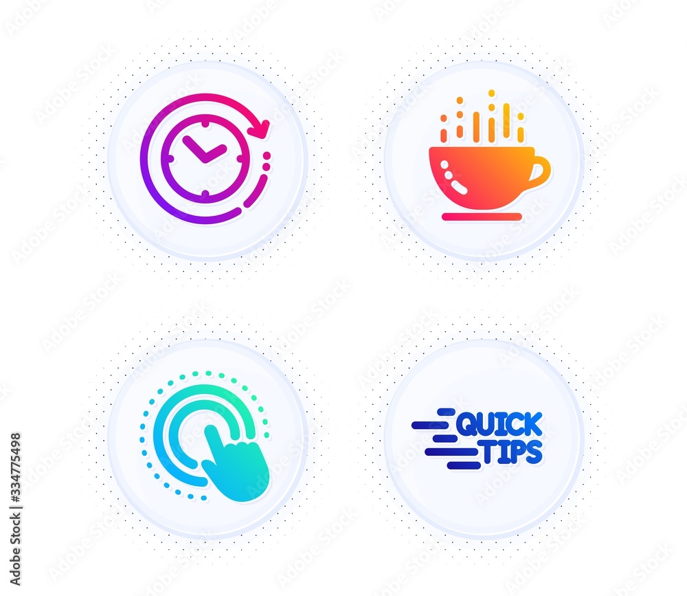 Poster click hand, coffee cup and time change icons simple set. button with halftone dots. education sign. 