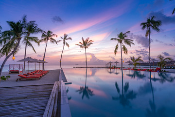 Beautiful sunset at a beach in tropics. Summer landscape vacation or travel landscape under amazing colorful sky. Luxury lifestyle with infinity swimming pool, beach resort hotel, palms sun beds - obrazy, fototapety, plakaty