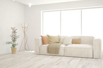 White living room with sofa. Scandinavian interior design. 3D illustration