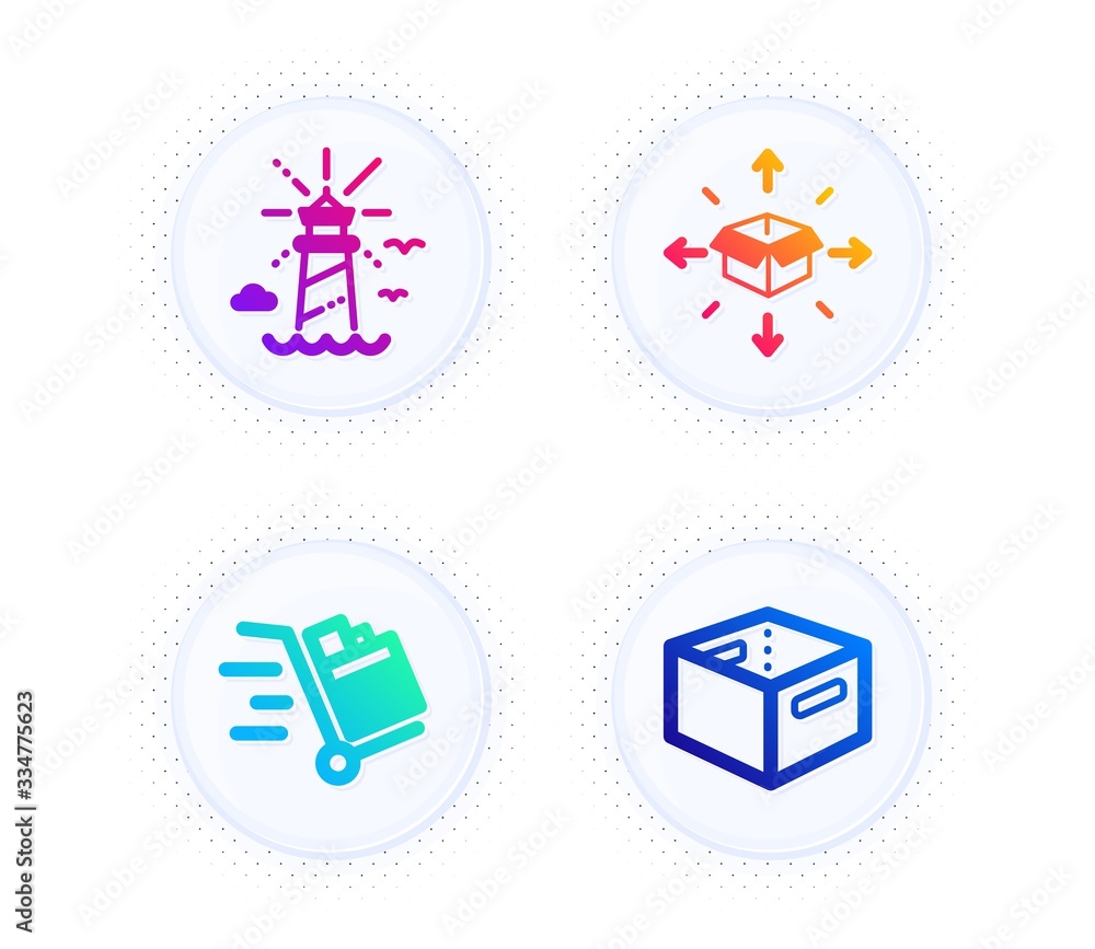 Poster parcel delivery, lighthouse and push cart icons simple set. button with halftone dots. office box si