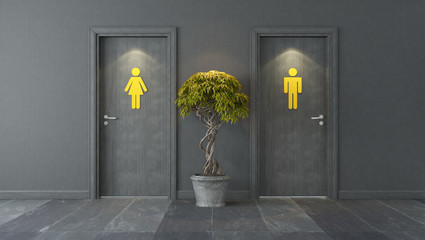 black restroom doors with yellow sign and stone floor 3D rendering - obrazy, fototapety, plakaty