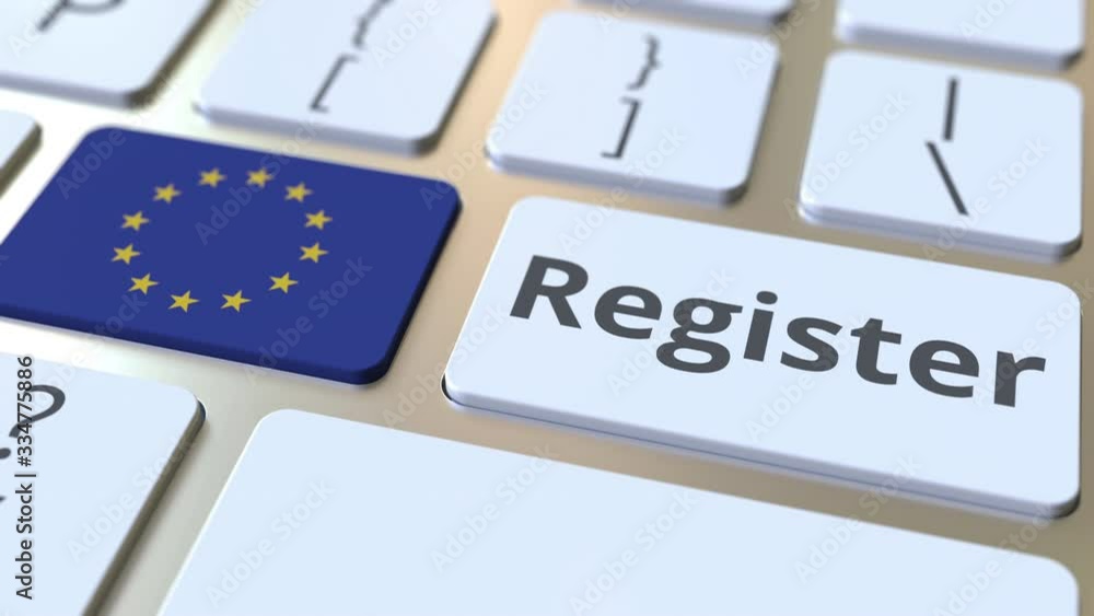Poster register text and flag of the european union on the keyboard. online services related 3d animation