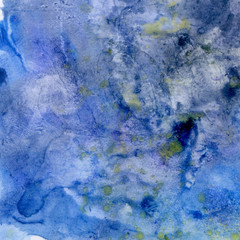 Watercolor texture. Watercolor transparent stain. Blur, spray. Blue and gray.