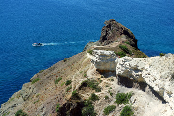 The landscape of the rocky shore of the Black Sea.