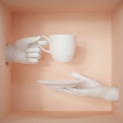 3d render, white objects inside peachy box. Hands holding porcelain cup and plate, isolated on pastel background, female mannequin body parts, minimal fashion background, helping hands service concept