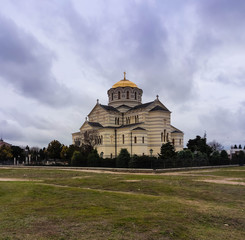 Fototapeta na wymiar Vladimir Cathedral in Chersonese, the historical ruins of the walls