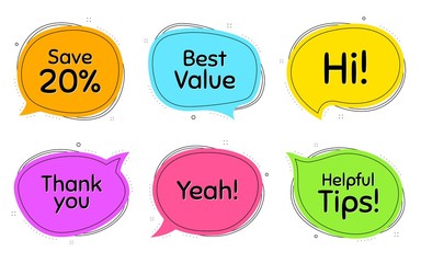 Best value, 20% discount and helpful tips. Thought chat bubbles. Thank you, hi and yeah phrases. Sale shopping text. Chat messages with phrases. Colorful texting thought bubbles. Vector