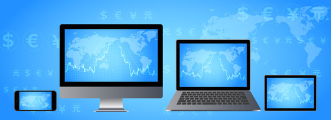 _急落する株価チャートとパソコン・スマホ・ノートパソコン青色デジタル背景イメージ