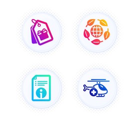 Technical info, Coupons and Eco organic icons simple set. Button with halftone dots. Medical helicopter sign. Documentation, Shopping tags, Bio ingredients. Sky transport. Business set. Vector