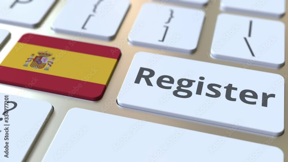 Poster register text and flag of spain on the keyboard. online services related 3d animation