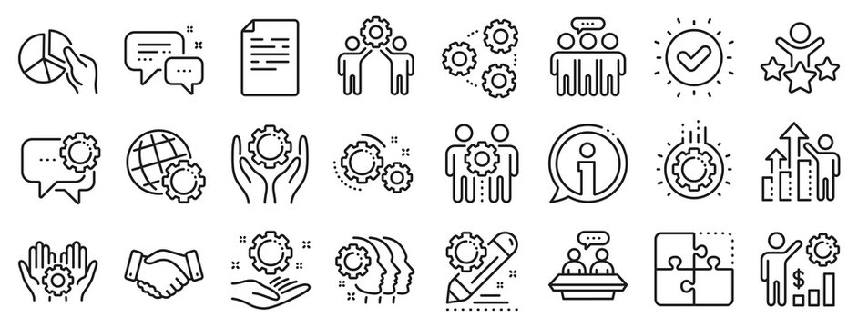 Business strategy, handshake and people collaboration. Employees benefits line icons. Teamwork, social responsibility, people relationship icons. Growth chart, employees benefits. Vector