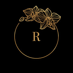 Gold frame template Orchid Flower and monogram concept with the letter R in minimal linear style. Vector floral logo