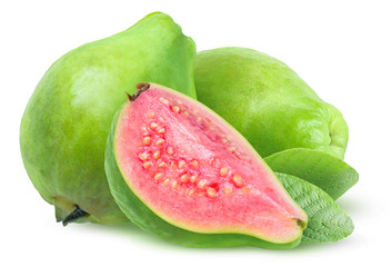 Isolated guava fruits. Three green guavas with pink flesh isolated on white background