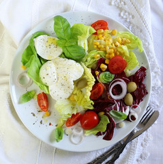 Concetto di cibo sano. Insalata fresca con mozzarella su un piatto. Sfondo bianco. Vista dall'alto. Cibo mediterraneo.