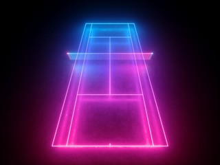 3d render, neon tennis court scheme with net, virtual sport playground perspective view, sportive game, pink blue glowing line over black background.