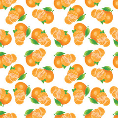 seamless summer pattern with watercolor orange fruit and leaves on white background. simple vector texture.