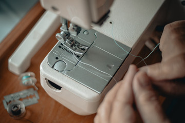 Sewing machine preparing for work close up