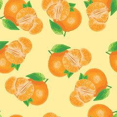 seamless summer pattern with watercolor orange fruit and leaves on soft yellowish orange background. simple vector texture.