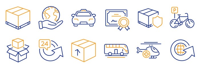 Set of Transportation icons, such as Taxi, Delivery insurance. Certificate, save planet. Bus tour, Medical helicopter, Packing boxes. Bicycle parking, World globe, Delivery box. Vector