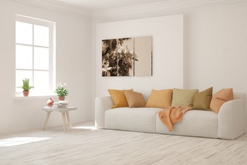 White living room with sofa and orange pillows. Scandinavian interior design. 3D illustration