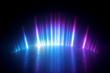3d render, digital illustration. Abstract neon light background. Glowing blue violet rays on empty stage. Plasma effect