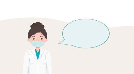 Female doctor in medical mask with blank speech bubble. Mock up. Copy space. Empty space for text
