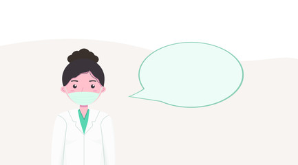 Female doctor in medical mask with blank speech bubble. Mock up. Copy space. Empty space for text. Vector