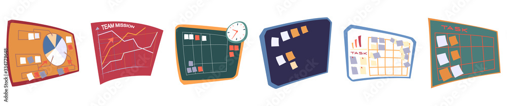 Poster whiteboard for time management and workflow optimization vector. board with tasks on stickers. remin