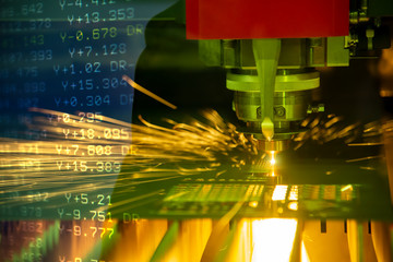 The abstract scene ofn fiber laser cutting machine cutting the sheet metal  plate and the G-code...