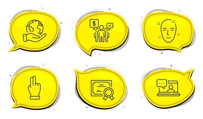 Click hand sign. Diploma certificate, save planet chat bubbles. Health skin, Friends chat and Teamwork line icons set. Clean face, Message, Employees chat. Direction finger. People set. Vector