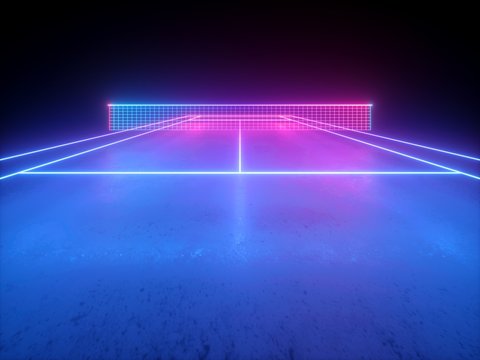 3d render, neon tennis court scheme with net, virtual sport playground perspective view, sportive game, pink blue glowing line over black background.
