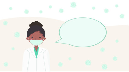 Female doctor with blank speech bubble and coronavirus COVID-19. Mock up. Copy space. Empty space for text about virus, recommendation
