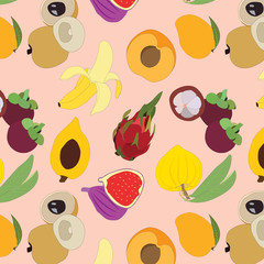 seamless tropical fruit pattern with mangosteen, nactarine, fig, mango, longan, banana, dragon fruit and canistel on pink background.