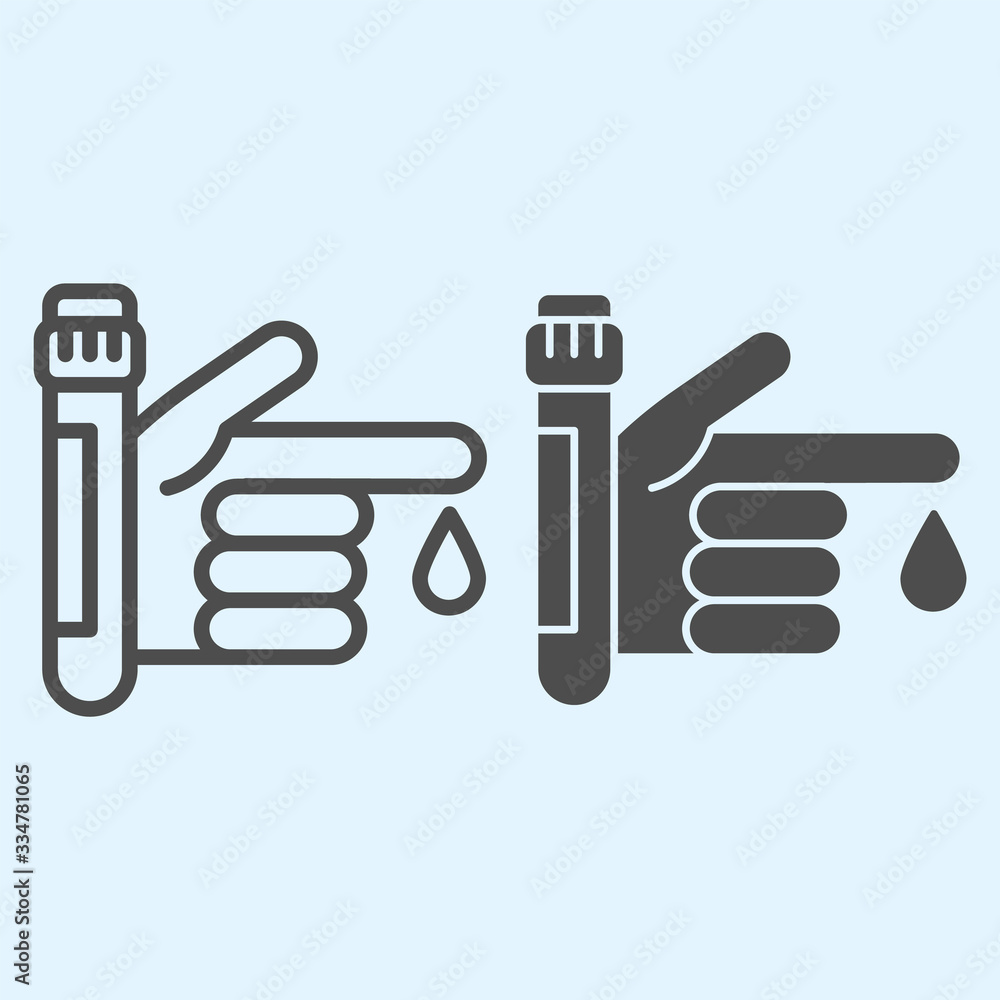 Poster coronavirus blood test line and solid icon. hand finger with drop and flask outline style pictogram 