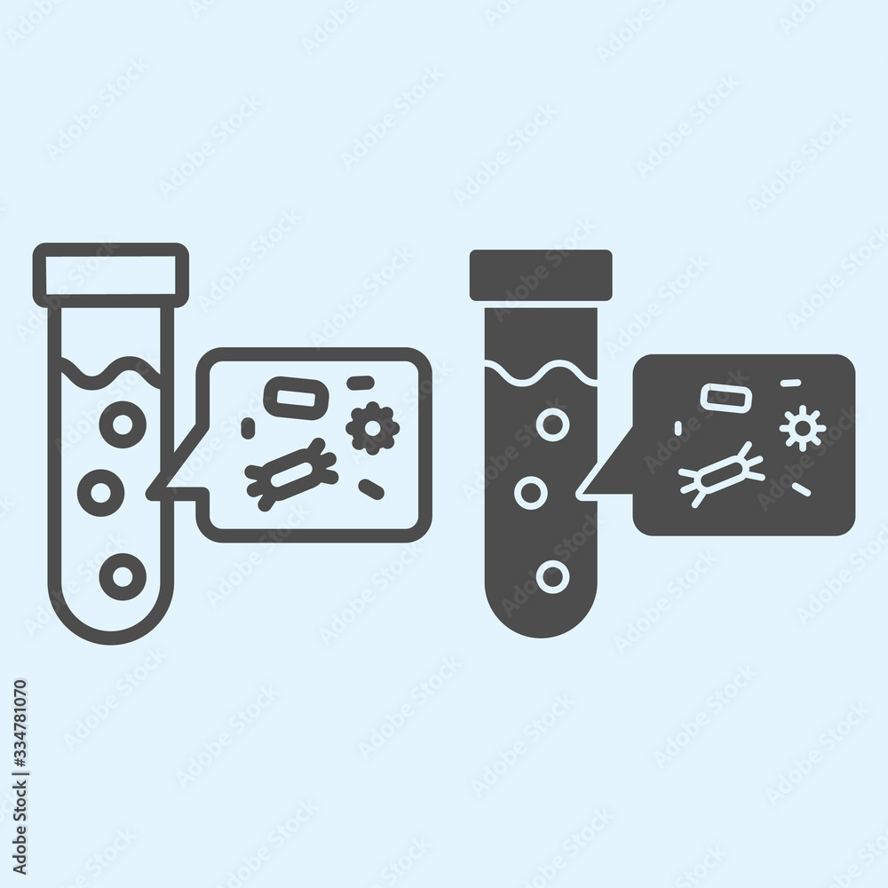 Poster tube flask with virus line and solid icon. flask with analyze germs or bacteria bulb outline style p