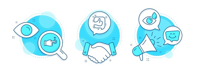 Like, Smile chat and Drag drop line icons set. Handshake deal, research and promotion complex icons. Eye drops sign. Thumb up, Happy face, Move. Check vision. Business set. Vector