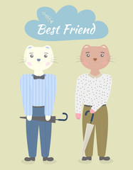 Cute kitty boys in modern clothes, two friends. Hand drawn vector cartoon illustration. Concept of friendship. Can be used for t-shirt print, kids wear fashion design, baby shower invitation card