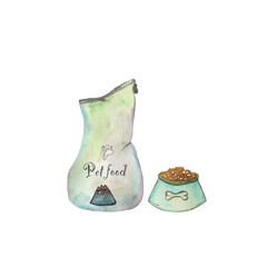 Watercolor illustration of a food bag and a bowl. Hand-drawn with watercolors and suitable for all types of design.