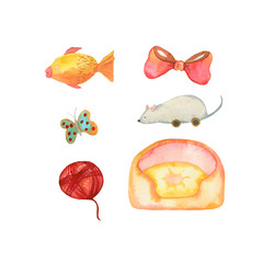 Watercolor illustration of a goldfish, butterfly, ball of thread, bow, clockwork mouse. Hand-drawn with watercolors and suitable for all types of design.