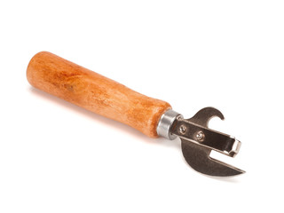 can opener with wooden handle on a white background