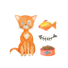 Watercolor illustration ginger cat, goldfish, fish skeleton, bowl with food. Hand-drawn with watercolors and suitable for all types of design.