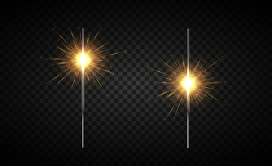 Christmas bengal light set. Realistic sparkler lights isolated on transparent background. Festive bright fireworks. Element of decorations for celebrations and holidays. Vector illustration